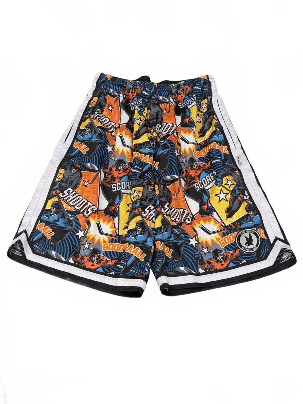 Flow Society Boys Comic Graphic Hockey Mesh Shorts - Orange/Blue/Black Size M